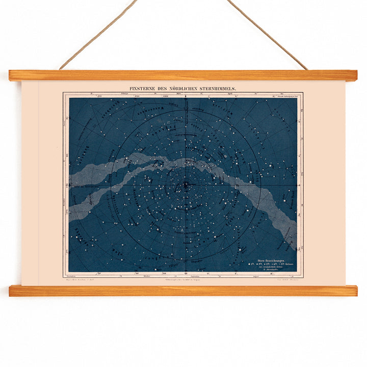 Star map of the Milky Way North Hemisphere by Institute of Liepzig featuring labeled constellations and celestial features, with wooden magnetic frame on white background