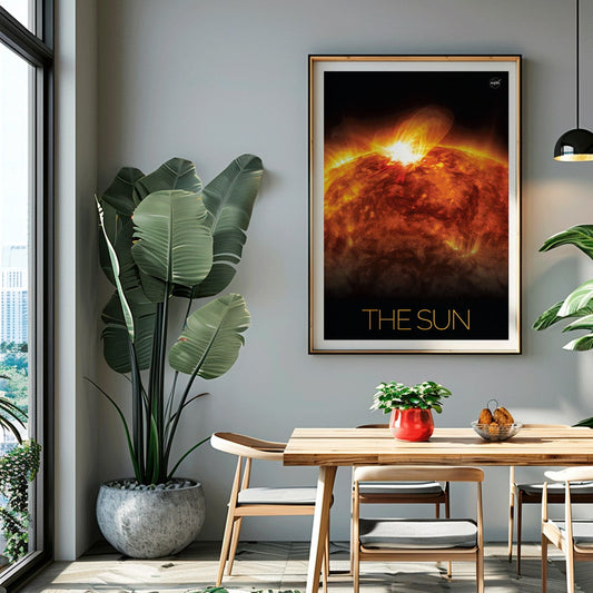 Vibrant NASA artwork of the Sun with solar flares titled The Sun 1 fiery depiction and poster, framed and displayed in home decor