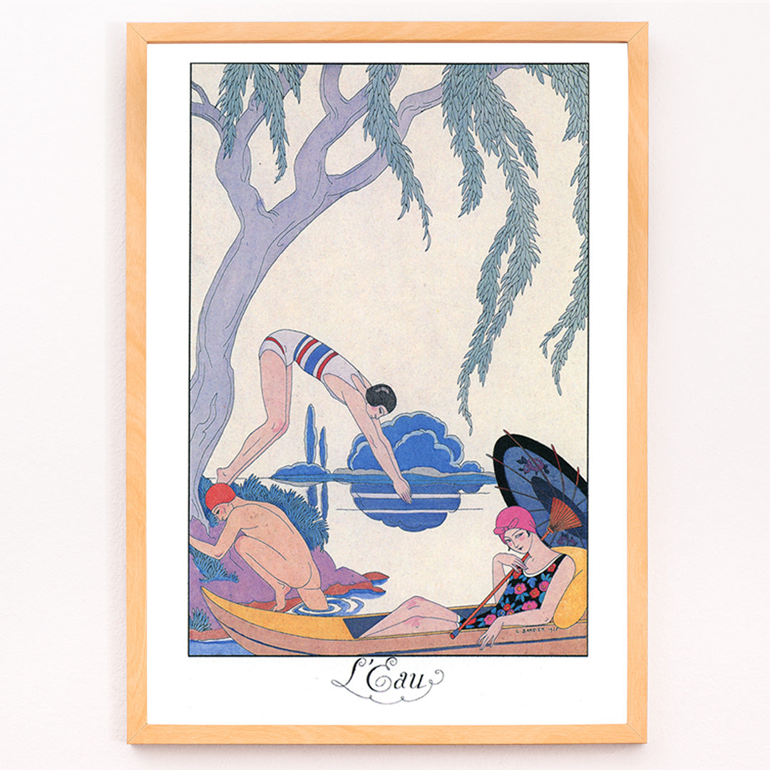 Closeup detail of Art deco poster L Eau by George Barbier with three people in swimwear relaxing and boating by a riverside