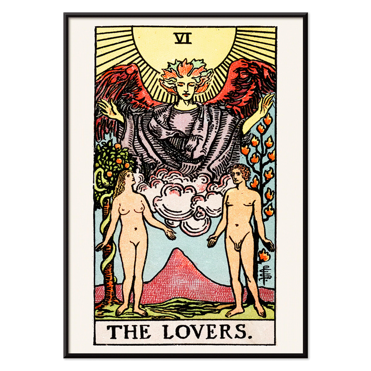 The Lovers Tarot card by Rider Waite featuring a winged angel above a man and woman in a garden illustration and poster, with black aluminium frame on white background