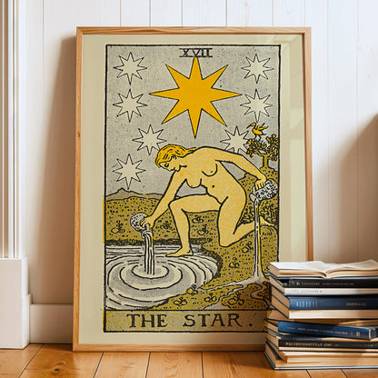 The Star tarot card by Lauron William de Laurence showing a woman pouring water from jugs under a starlit night sky tarot poster, framed and displayed in home decor