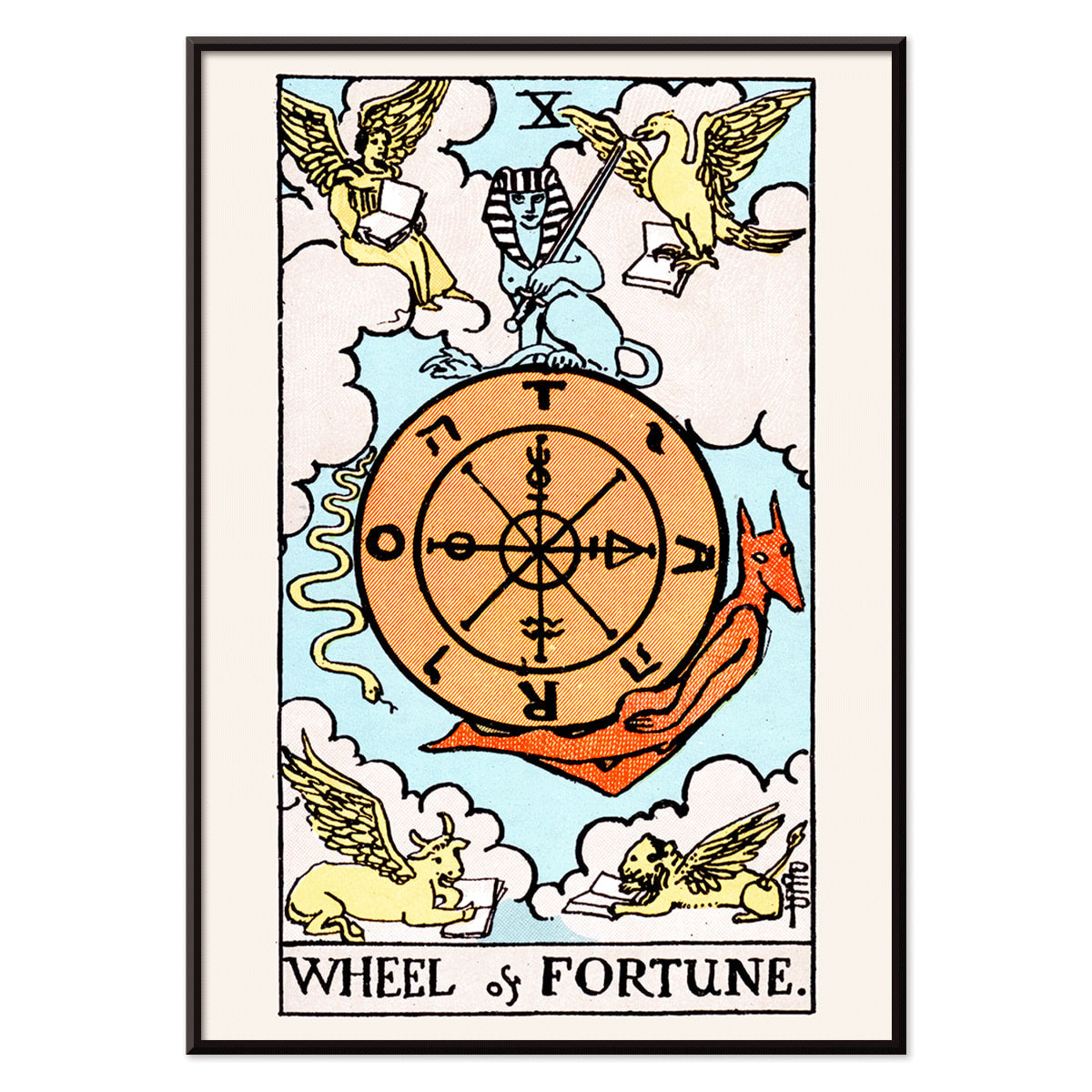 Tarot The Wheel Of Fortune by Rider Waite featuring a mystical wheel surrounded by mythical creatures poster and card artwork, with black aluminium frame on white background