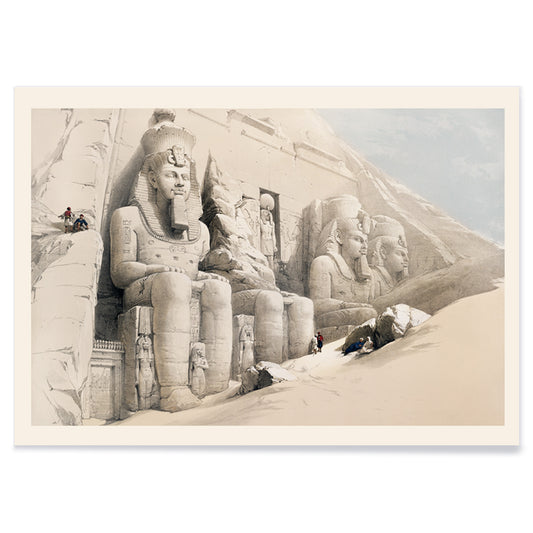 Ancient Egyptian temple with colossal statues at Abu Simbel by David Roberts poster featuring The Great Temple and ancient Egyptian architecture, with black aluminium frame on white background
