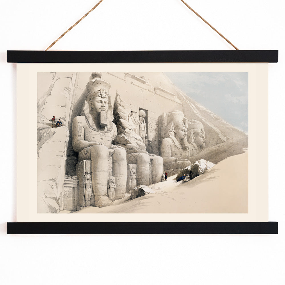 Ancient Egyptian temple with colossal statues at Abu Simbel by David Roberts poster featuring The Great Temple and ancient Egyptian architecture, with wooden magnetic frame on white background