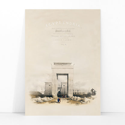 Ancient Egyptian gateway and Great gateway at Temple of Karnak Thebes with hieroglyphs people and ruins artwork by David Roberts, framed and displayed in modern living room decor