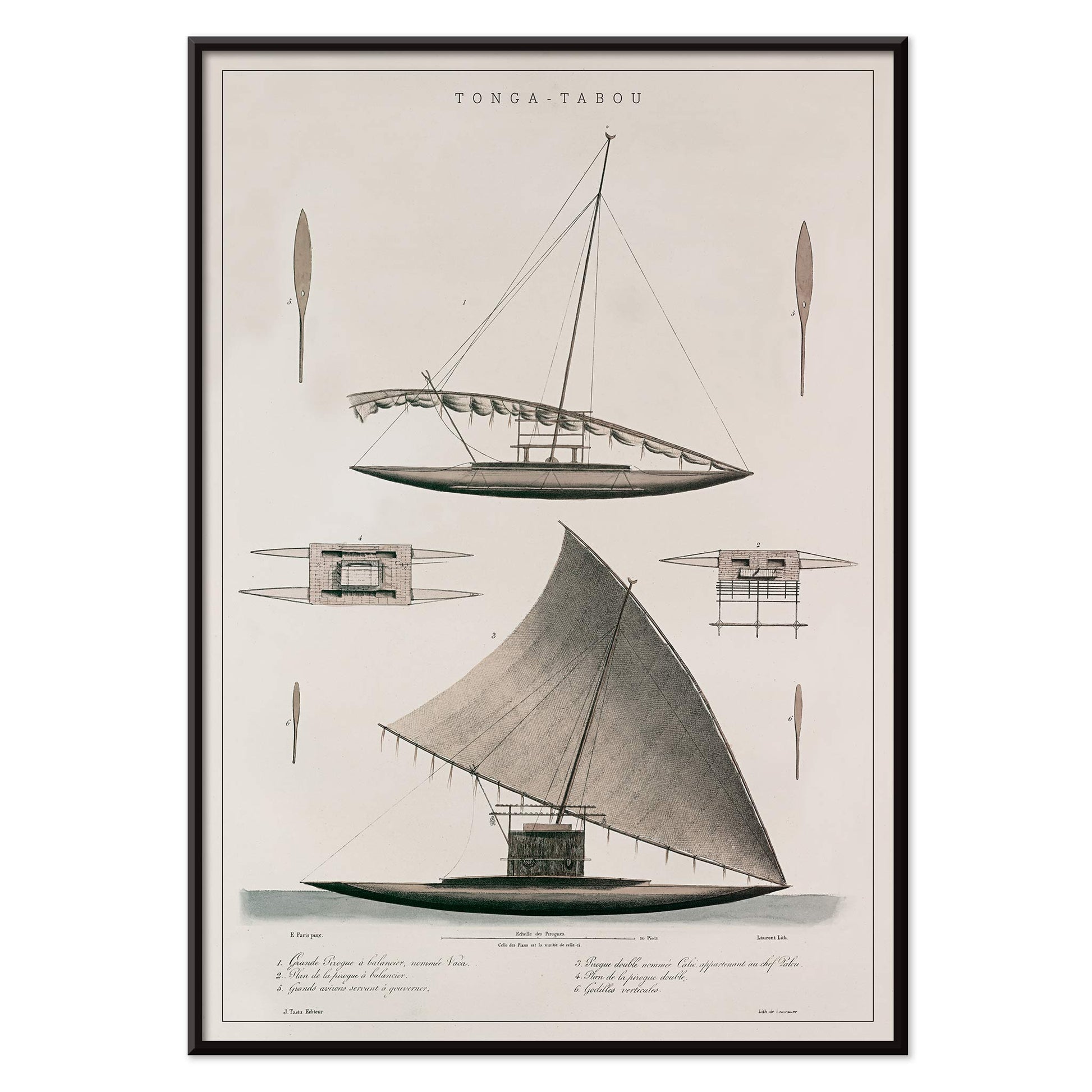 J. Tastu Tonga-Tabou poster with detailed pirogues of chief Palou, rigging studies, and antique nautical drawings in soft grey and beige tones, with black aluminium frame on white background