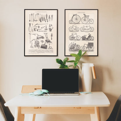 Vintage gardening tools illustration and poster lineup by Bibliographic institute of Liepzig Gartengeräte, framed and displayed in home decor