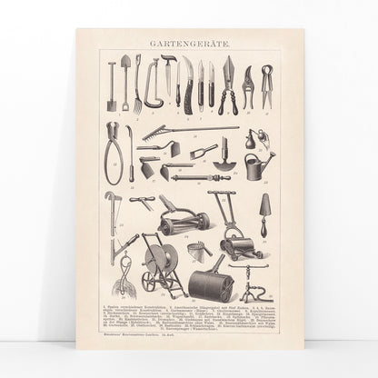 Vintage gardening tools illustration and poster lineup by Bibliographic institute of Liepzig Gartengeräte, framed and displayed in modern living room decor