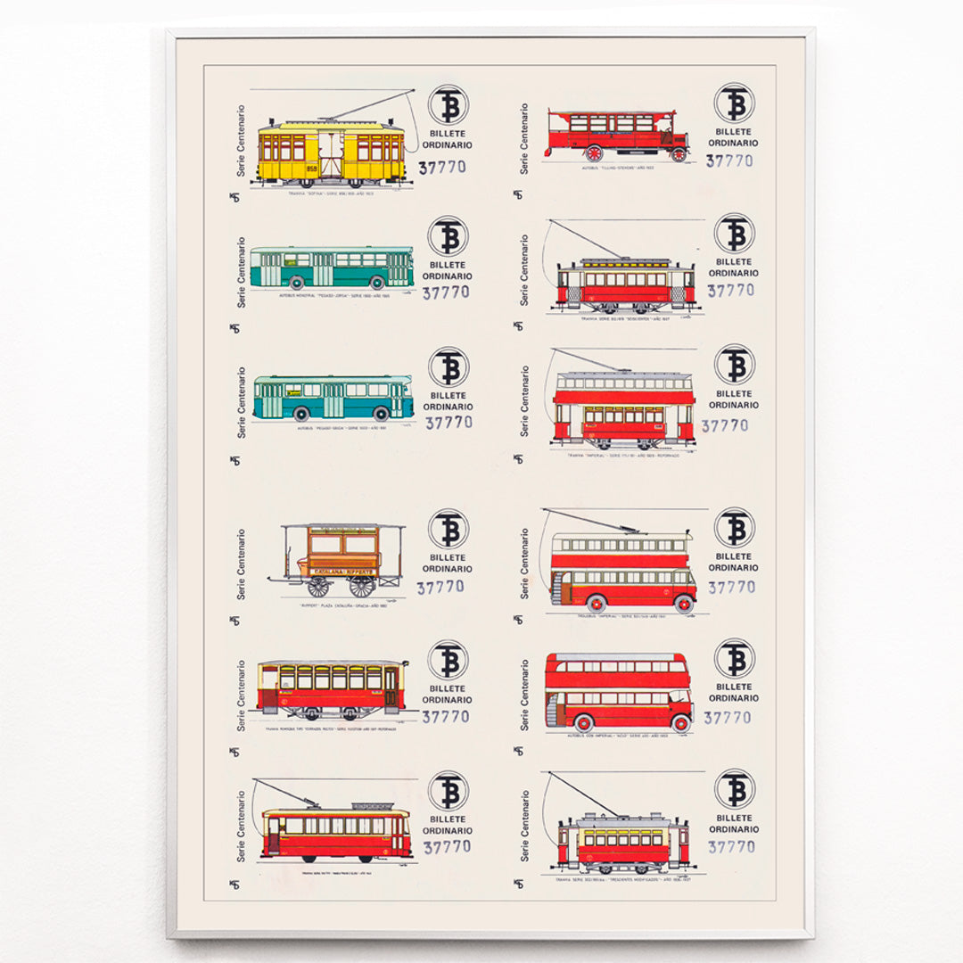 Closeup detail of Vintage Barcelona bus and tram ticket illustrations poster Billetes Bus Barcelona artwork