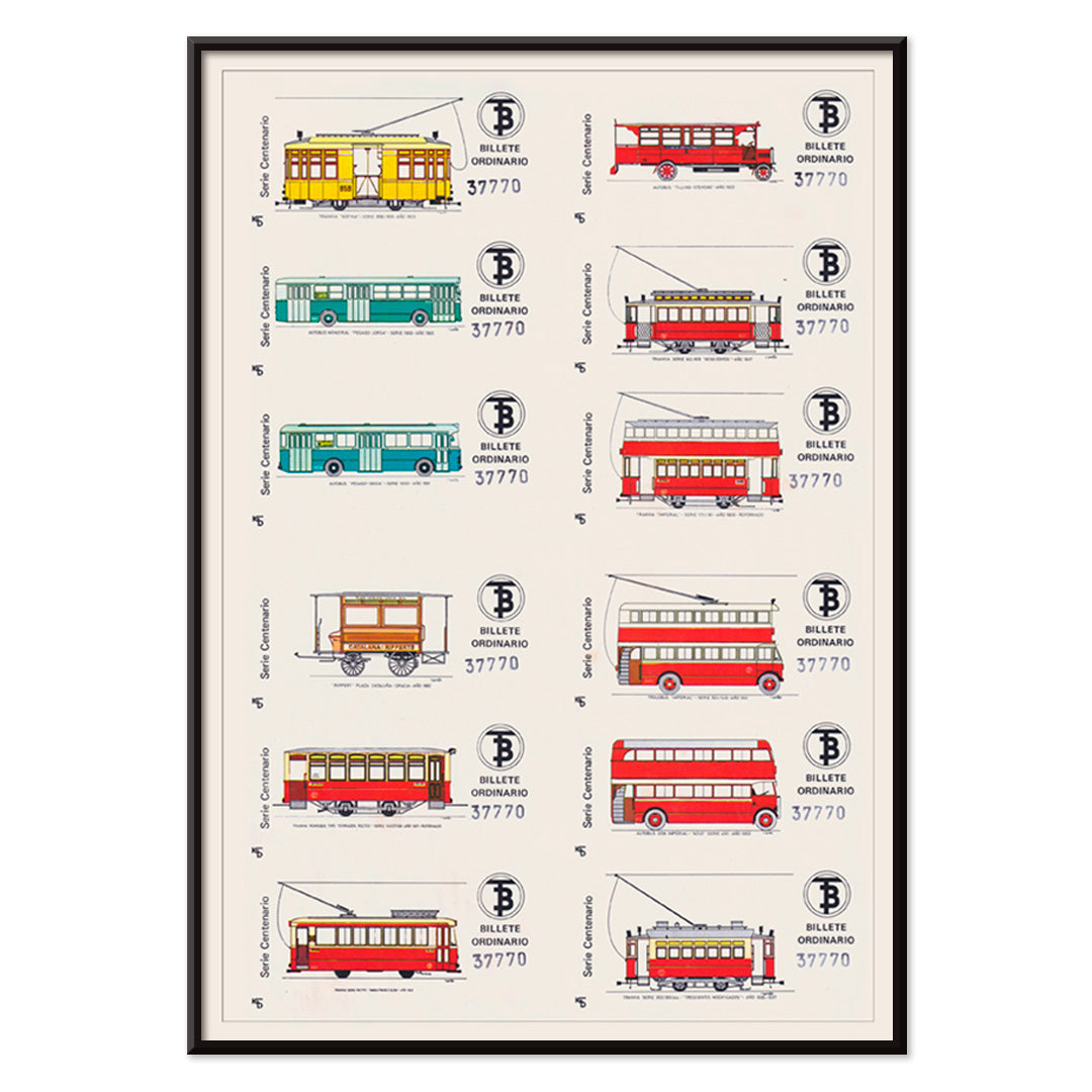 Vintage Barcelona bus and tram ticket illustrations poster Billetes Bus Barcelona artwork, with black aluminium frame on white background