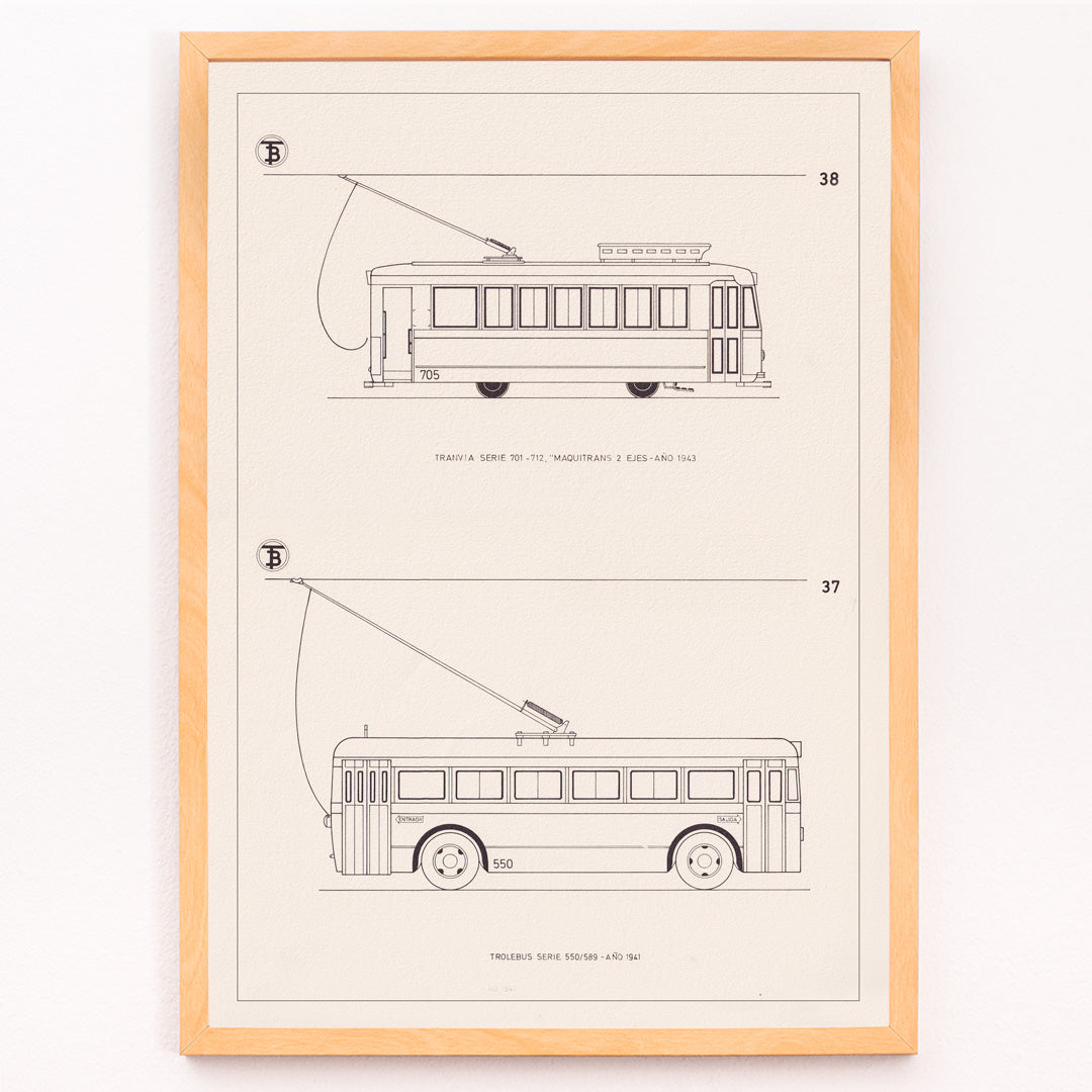 Closeup detail of Technical drawings poster of tram Tranvia Serie 701 712 and trolleybus Trolebus Serie 550 589 by Maquitrans