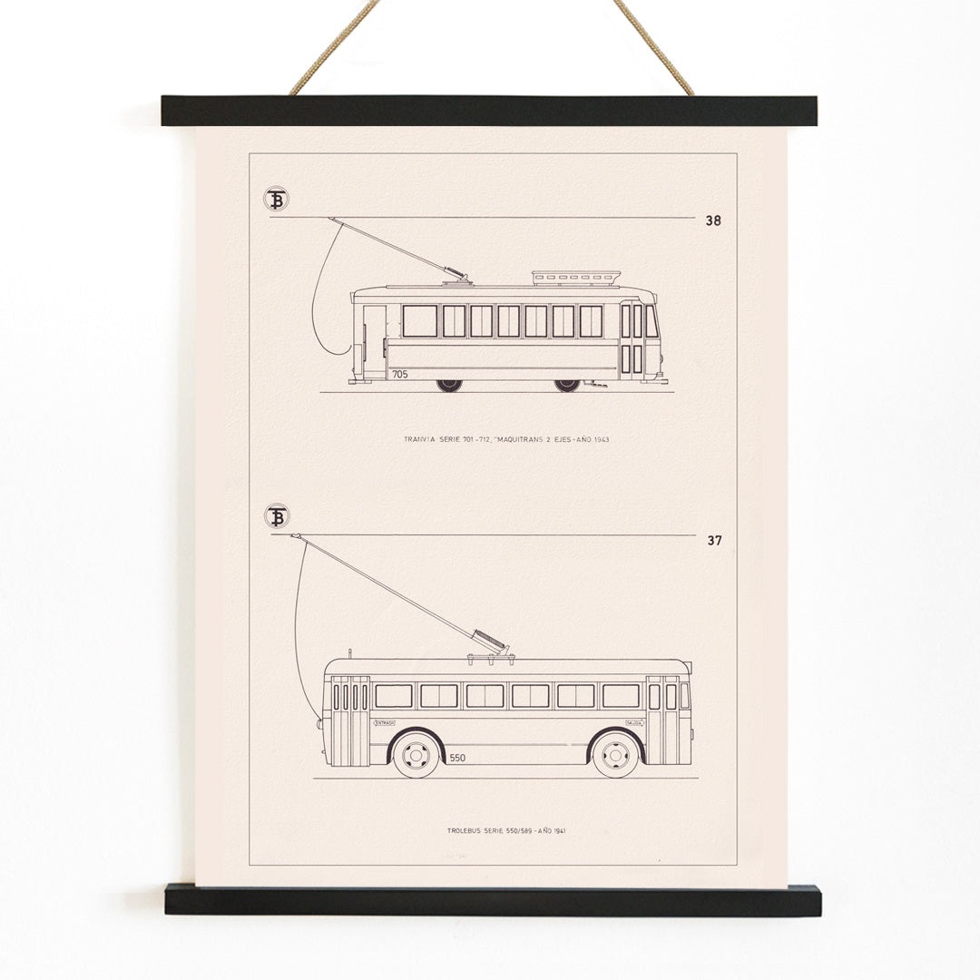 Technical drawings poster of tram Tranvia Serie 701 712 and trolleybus Trolebus Serie 550 589 by Maquitrans, with wooden magnetic frame on white background