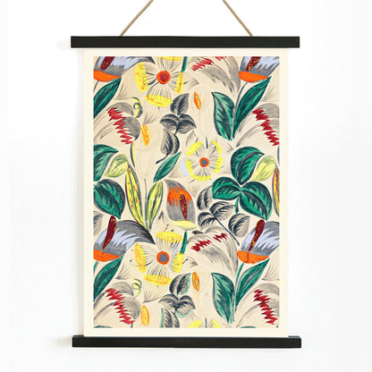 Vibrant tropical flowers and lush greenery textile design pattern titled Tropical Flowers II colorful foliage and blossoms poster, with wooden magnetic frame on white background
