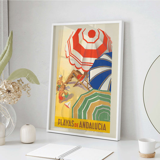 Vintage beach scene with colorful umbrellas children playing and sunbathers on sand Playas de Andalucia by Jose Morell tourism artwork, framed and displayed in home decor