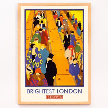Closeup detail of Colorful crowds on London Underground escalators artwork Brightest London by Horace Taylor poster