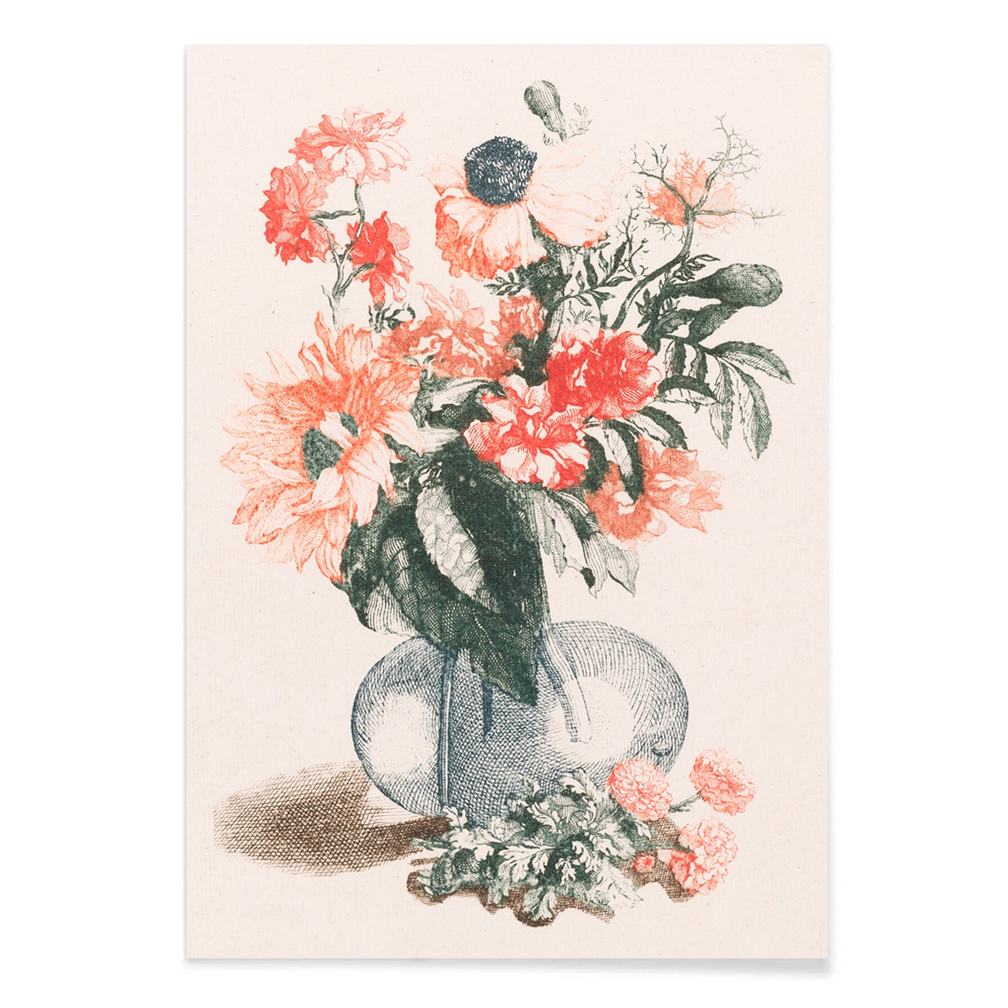 Glass vase with colorful flowers and sunflower still life by Jean Baptiste Monnoyer poster for home wall decor, with black aluminium frame on white background
