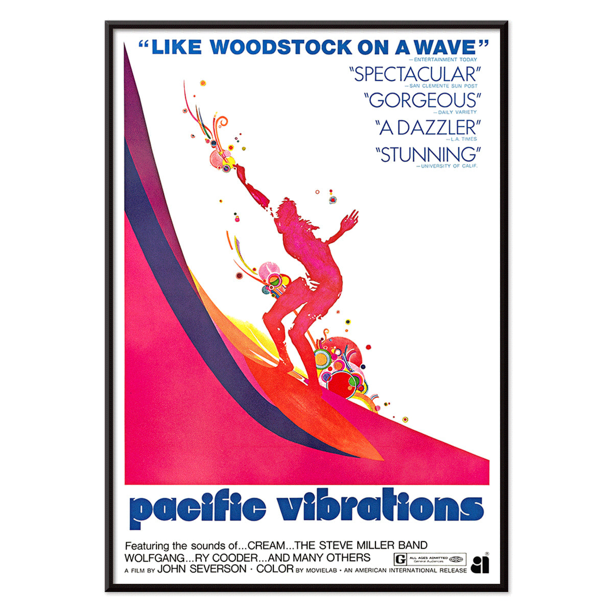 Pacific Vibrations surfing documentary poster by John Severson featuring colorful surfer illustrations and a surfer riding a wave, with black aluminium frame on white background