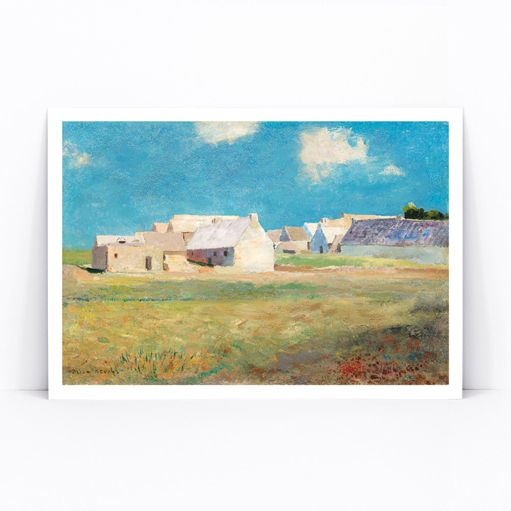 Breton Village by Odilon Redon rural landscape poster with houses blue sky and open grassy fields, framed and displayed in modern living room decor