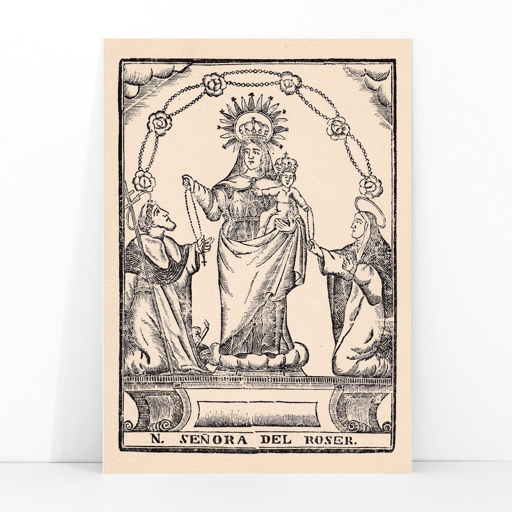 Nuestra Senora del Roser Virgin Mary holding Child Jesus with saints black and white religious illustration and crowned Madonna and child surrounded by saints traditional religious artwork, framed and displayed in modern living room decor