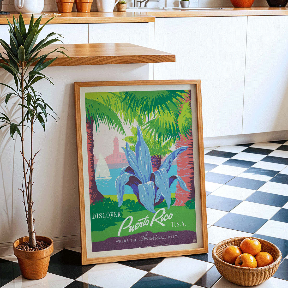 Discover Puerto Rico travel poster by WPA featuring vibrant tropical scenery tropical plants a sailboat and a historic fort in colorful art, framed and displayed in home decor