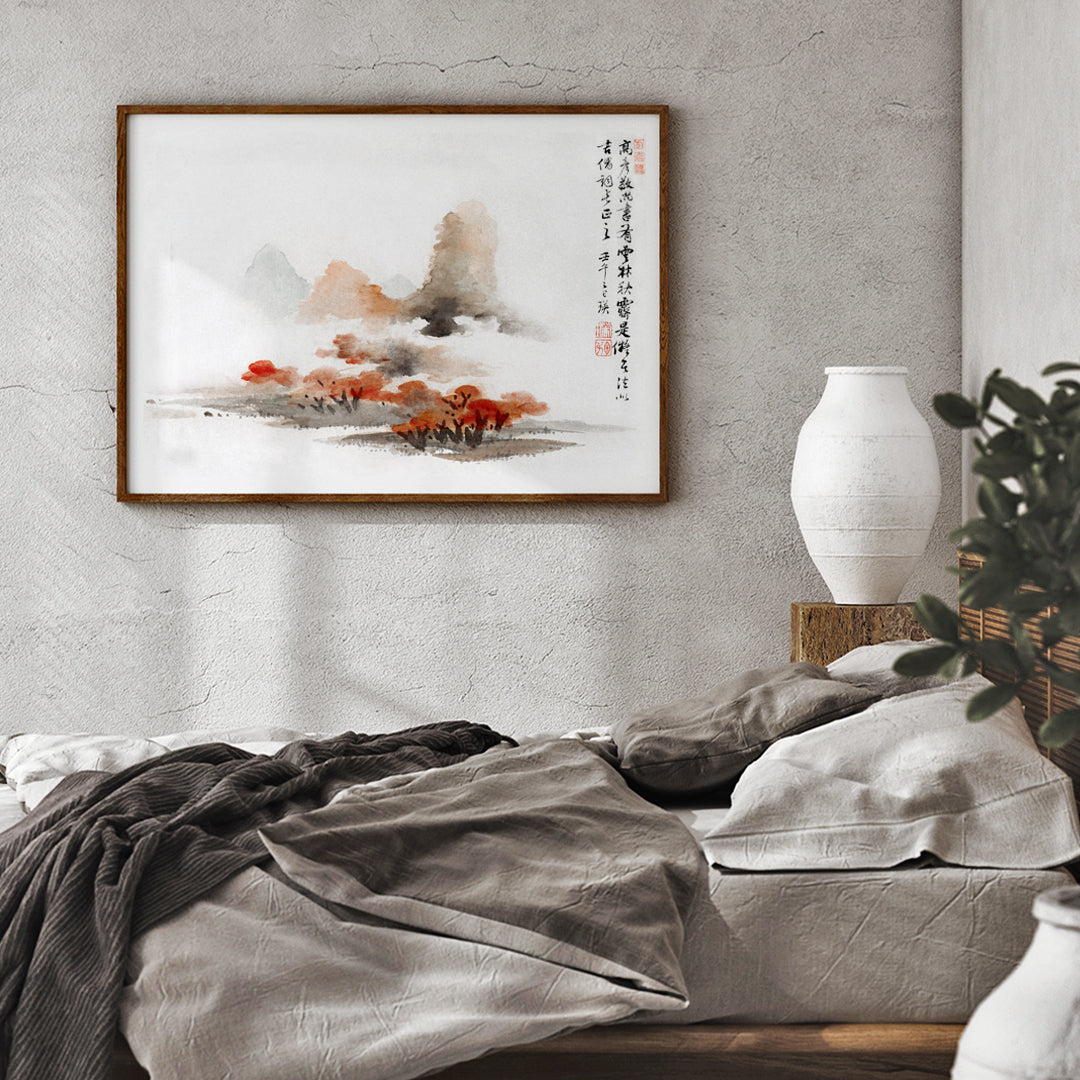 Chinese landscape painting poster with misty mountains red foliage and calligraphy inspired by Lan Ying, framed and displayed in home decor