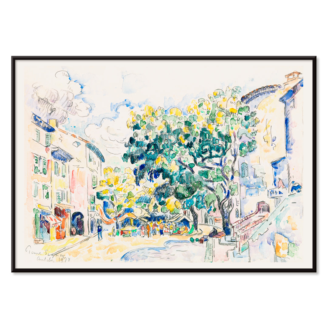 Colorful town square and vibrant street scene in Antibes with trees and buildings by Paul Signac poster, with black aluminium frame on white background