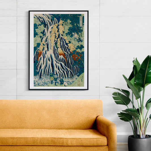 Dramatic waterfall with figures in lush forest landscape Shimotsuke Kurokami Yama Kurifuri no Taki by Katsushika Hokusai poster, framed and displayed in home decor