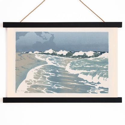 Sea waves crashing on sandy seashore artwork by O Droegl poster of foamy waves on the sea shore, with wooden magnetic frame on white background