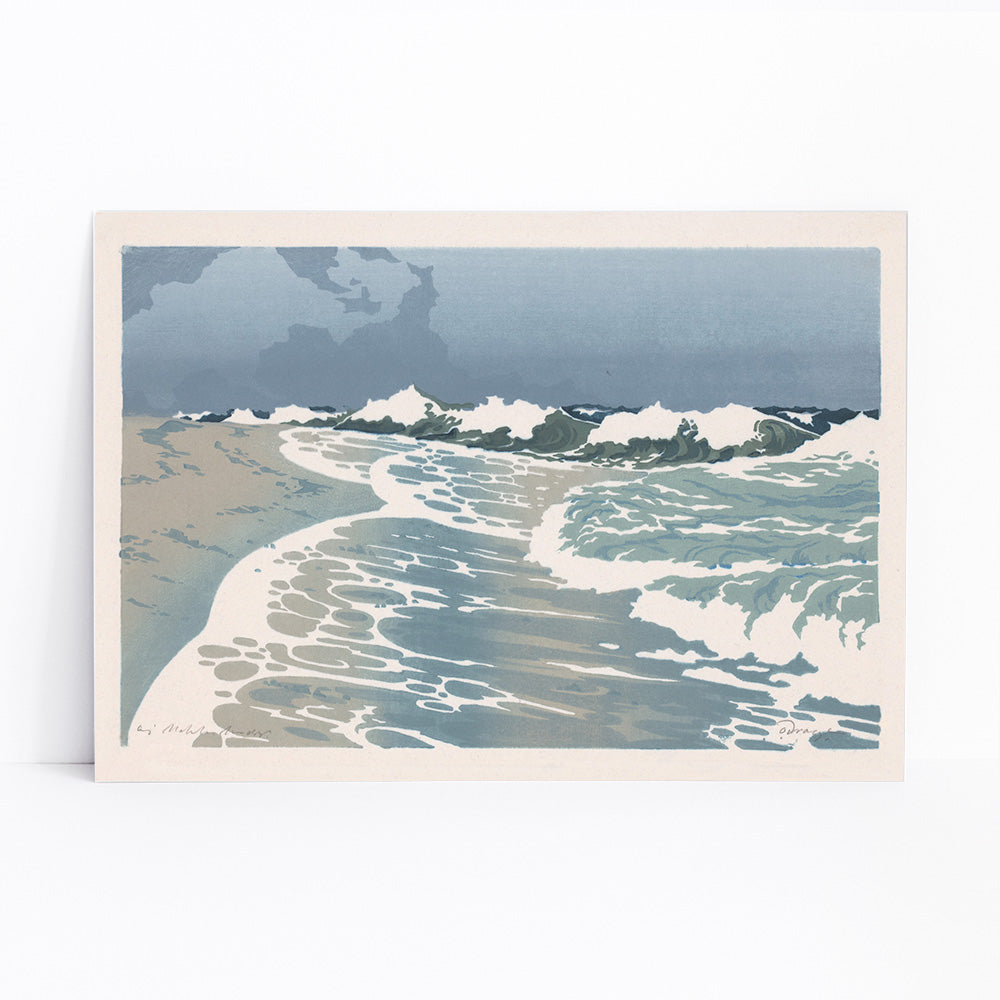 Sea waves crashing on sandy seashore artwork by O Droegl poster of foamy waves on the sea shore, framed and displayed in modern living room decor