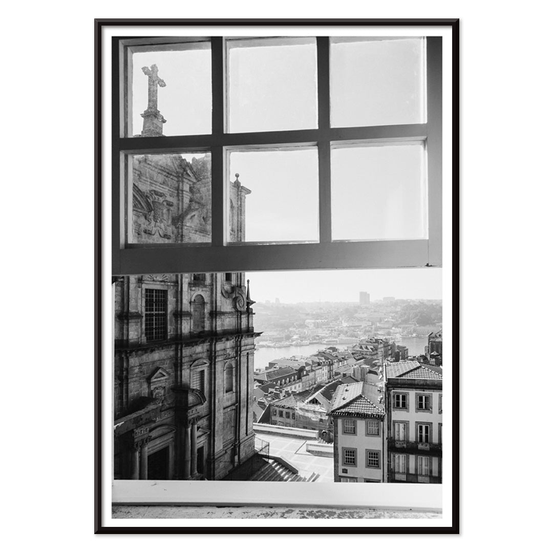 Black and white cityscape poster of Porto seen through a window from the artwork Porto from window, with black aluminium frame on white background