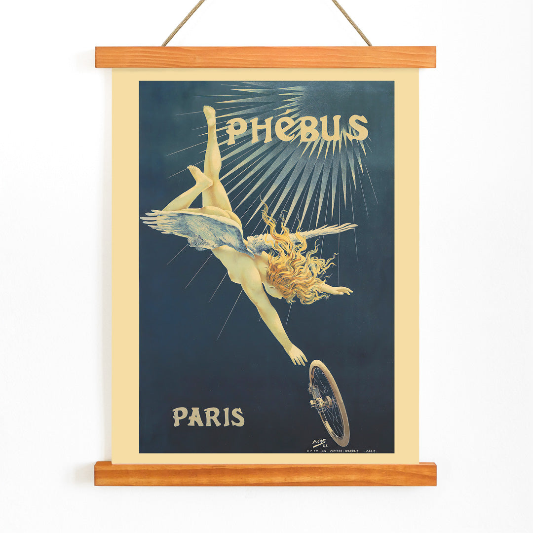 Poster of a winged figure with golden hair falling toward a bicycle wheel in Phébus by Henri Boulanger Gray, with wooden magnetic frame on white background