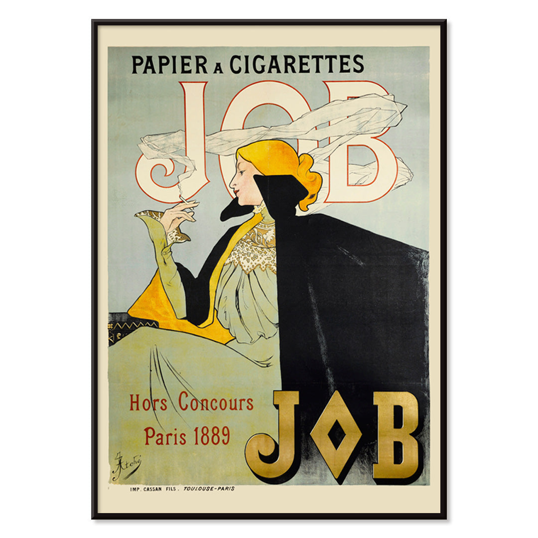 Elegant woman in fashionable attire smoking cigarette vintage art nouveau poster by Jane Atche Papier A Cigarettes Job, with black aluminium frame on white background