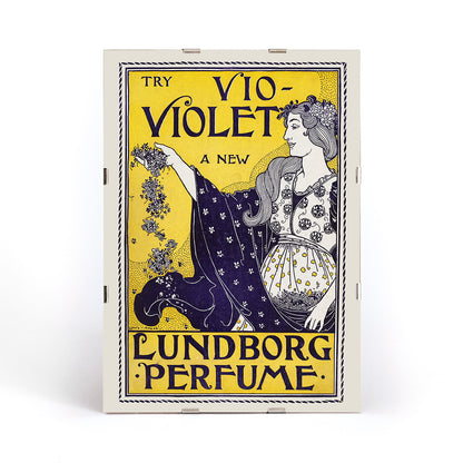 Art Nouveau perfume poster by Louis Rhead featuring a woman holding flowers with floral motifs, framed and displayed in modern living room decor