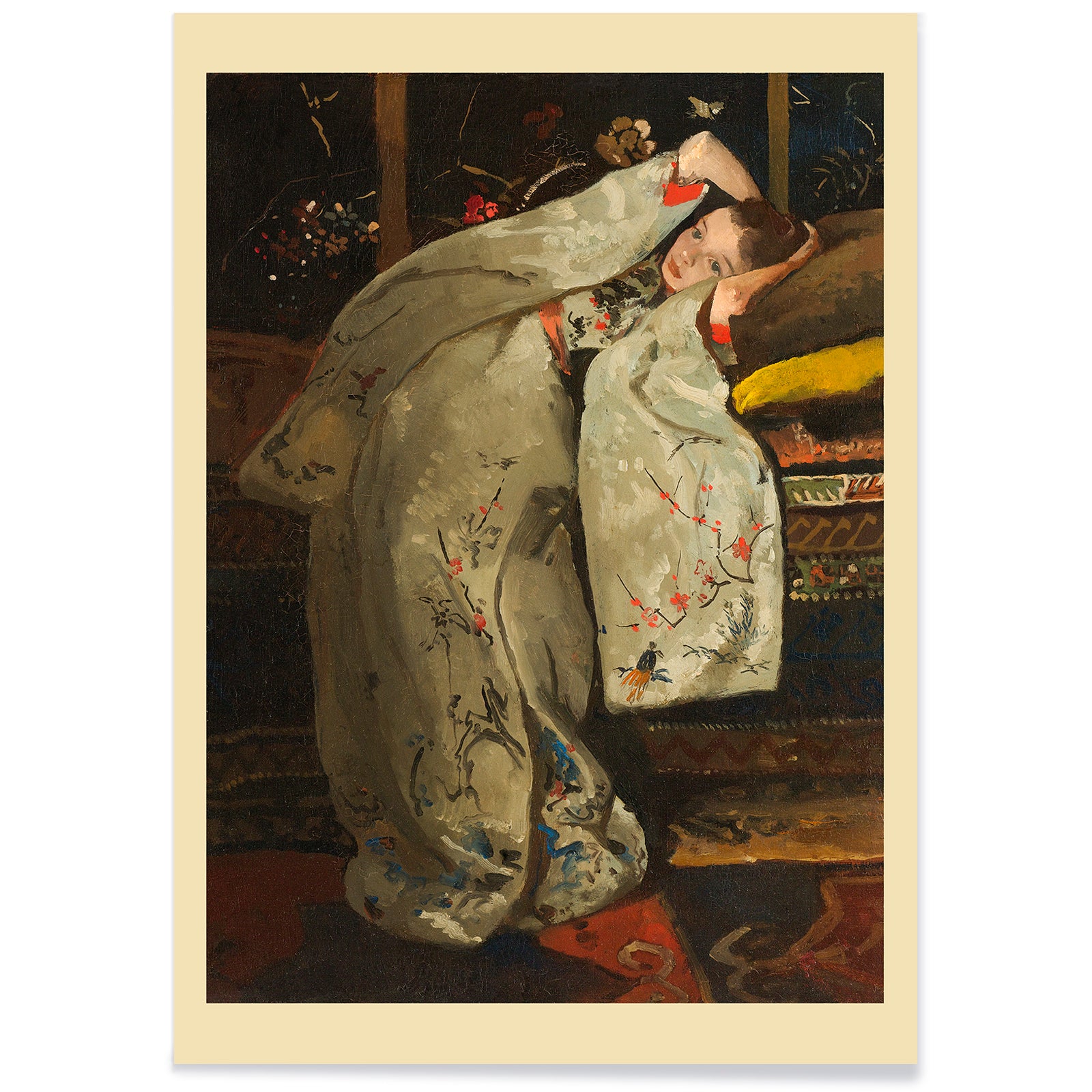 Girl in a white kimono resting on a couch artwork by George Hendrik Breitner painting poster, with black aluminium frame on white background