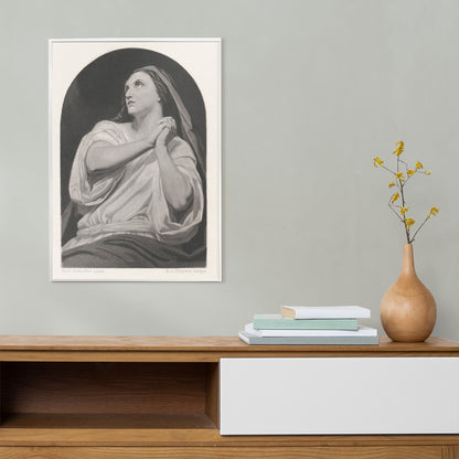 Black and white artwork of a praying woman with folded hands and serene expression by Dirk Jurriaan Sluyter, framed and displayed in home decor