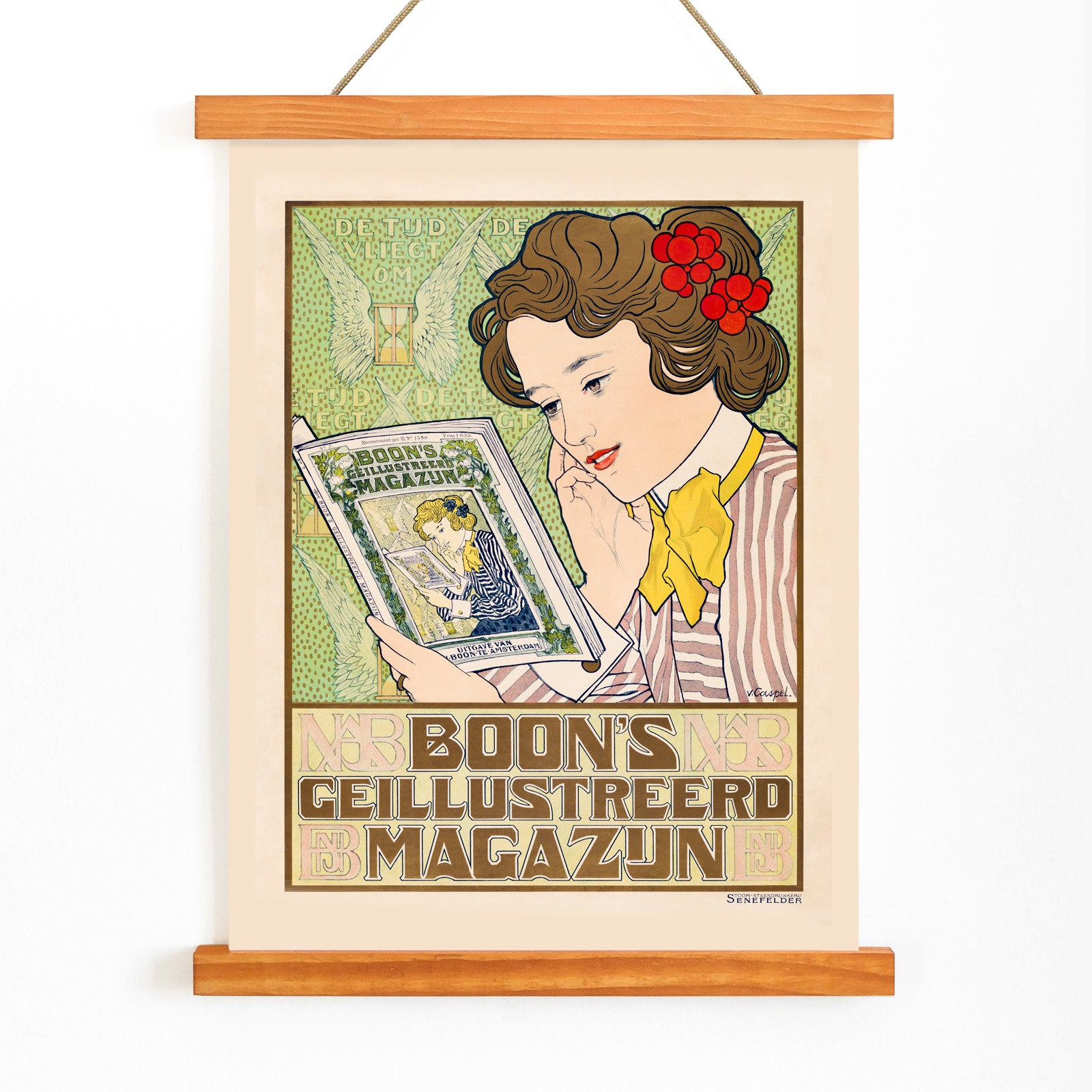 Art Nouveau poster of a woman reading Boon Magazine by Johann Georg van Caspel with decorative floral details, with wooden magnetic frame on white background