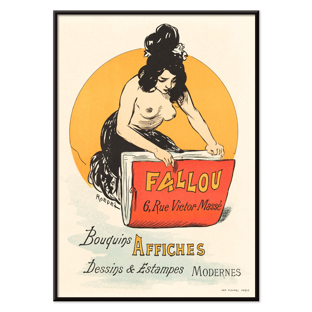 Vintage poster for book and print shop Fallou in Paris by Auguste Roedel featuring a woman with dark hair reading a large red book and holding a colorful book, with black aluminium frame on white background