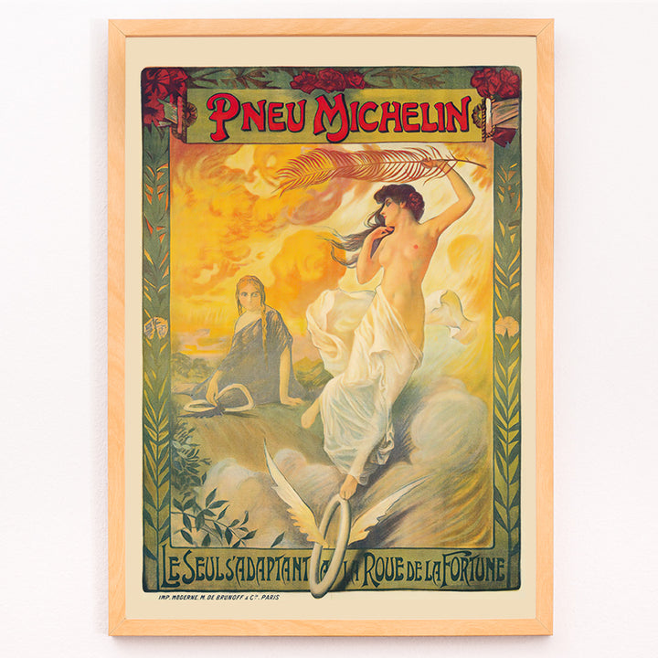 Closeup detail of Vintage Michelin tire advertisement by Edouard Michelin featuring women artistic flourishes flowing fabric palm leaf and winged tire Pneu Michelin poster artwork