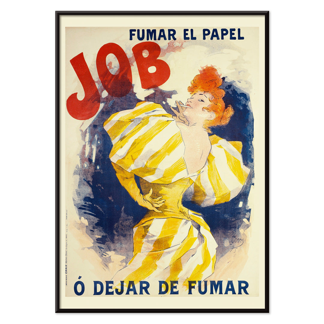 Vintage poster of a woman in a yellow striped dress with red hair advertising Fumar El Papel Job O Dejar De Fumar cigarette papers by Jules Cheret, with black aluminium frame on white background
