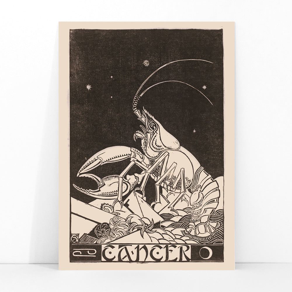 Artistic illustration and poster of Cancer zodiac sign with crab under stars by Henri van der Stok, framed and displayed in modern living room decor